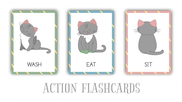 Set van acties flash-kaarten met cat. leuk karakter wassen, eten, zitten. kaarten voor vroeg leren.