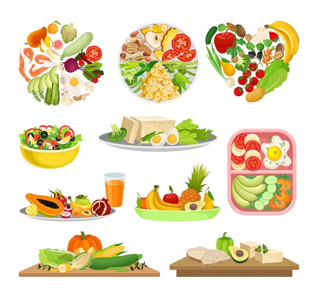 Vector set van afbeeldingen van een verscheidenheid aan voedsel met groenten.