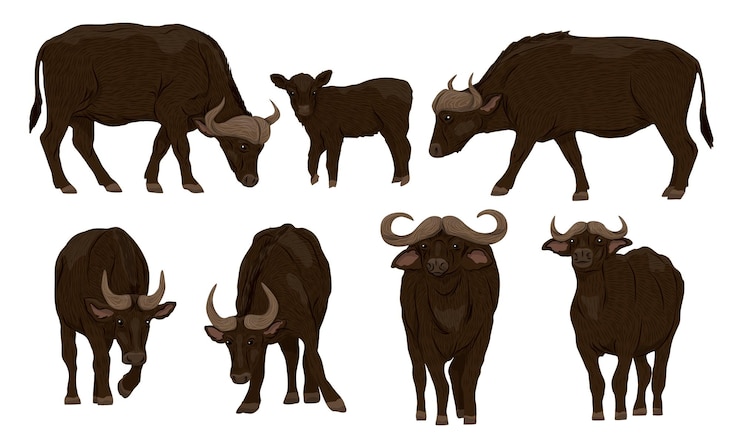 Vector set van afrikaanse buffels syncerus caffer buffels en hun kalveren staan en lopen realistische vector