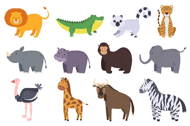 Vector set van afrikaanse safari dieren leeuw krokodil maki en cheetah neushoorn nijlpaard gorilla en olifant