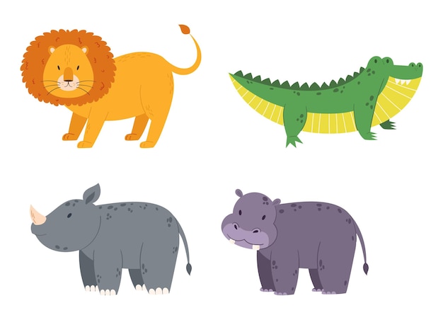 Vector set van afrikaanse safari dieren leeuw krokodil neushoorn nijlpaard geïsoleerd op witte achtergrond tropical wildlife