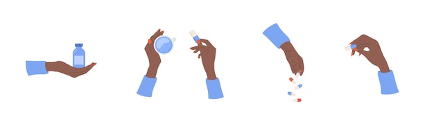 Set van Afrikaanse vrouwelijke handen met pillen Gezondheidszorgconcept Koude en griepbehandeling