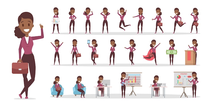 Vector set van afro-amerikaanse zakenvrouw of kantoor werknemer karakter in pak met verschillende poses, gezicht emoties en gebaren. illustratie