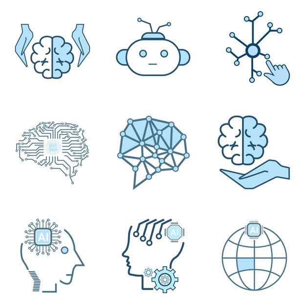 Set van AI-symbolen Iconen Kunstmatige AI-iconen Collectie geïsoleerde gelijnde machine AI-icone