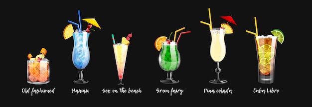 Set van alcoholische cocktails en non-alcoholische cocktails op een zwarte achtergrond Vector illustratie