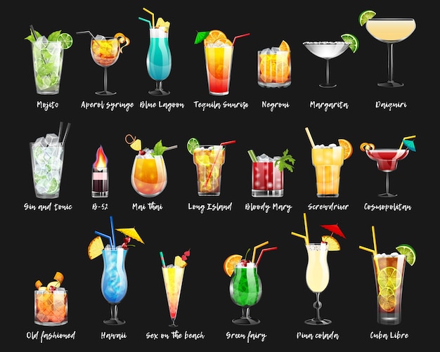 Set van alcoholische cocktails en non-alcoholische cocktails op een zwarte achtergrond Vector illustratie