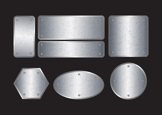 Set van aluminium metalen plaat Realistische glanzende metalen banner Zwart metalen textuur stalen achtergrond