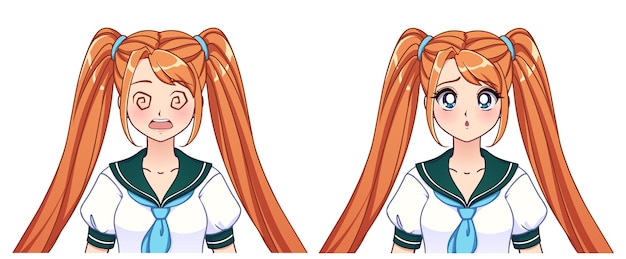 Set van anime-uitdrukkingen. leuk meisje met oranje vlechten die japanse schooluniform dragen. hand getekende illustratie