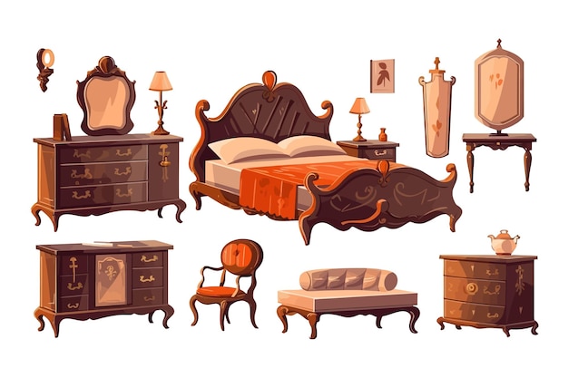 Set van antieke meubelen voor koninklijke kamer interieur geïsoleerd op achtergrond Cartoon vectorillustratie