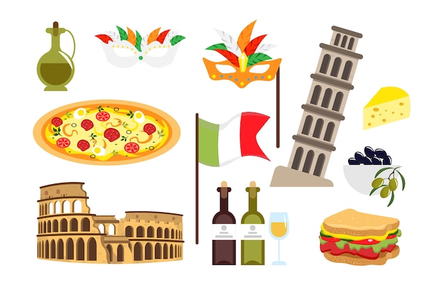 Set van apparatuur in Italië in cartoon-stijl Vectorillustratie van olijfolie pizza rode en witte wijn carnaval maskers Italiaanse vlag sandwich colosseum scheve toren kaas olijven