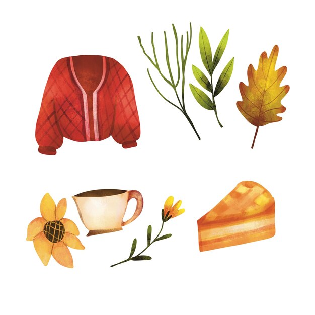 set van aquarel stijl herfst bladeren set van herfst bladers pompoen taart appel taart herfst jas