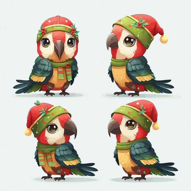 Set van ara vogel in verschillende poses met sjaal en muts Kerstmis. elementen illustratie