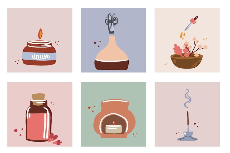 Vector set van aromatherapie posters essentiële oliën wierook en kaarsen het concept van ontspanning