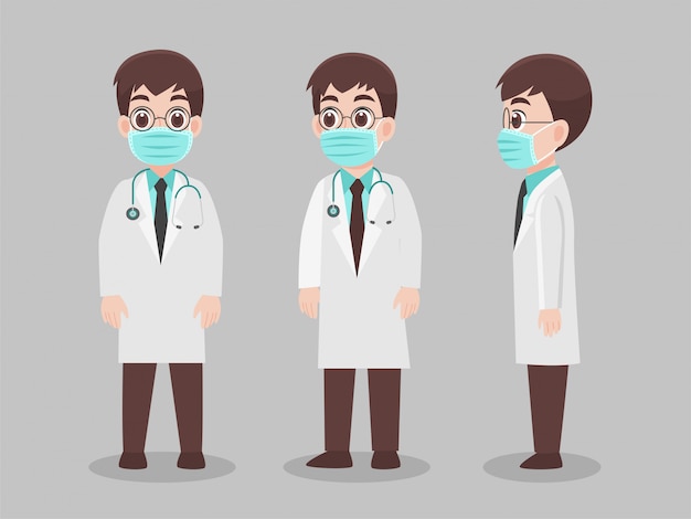 Set van artsen karakter dragen van beschermende medische masker om virus te voorkomen