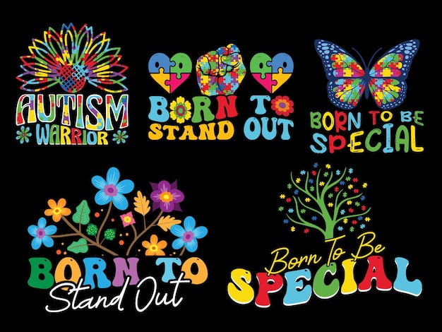 Set van autisme speciale ontwerpen voor t-shirts, posters, ambachten enz. Alle ontwerpen zijn kleurrijk Vol 3