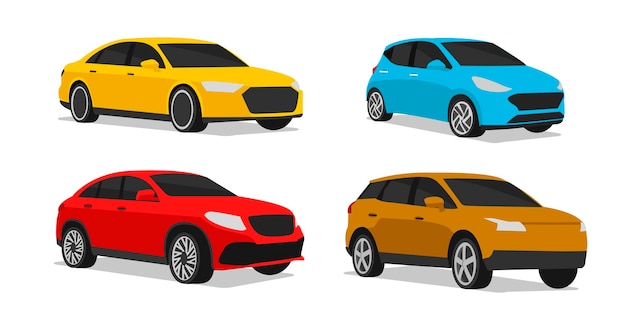 Set van auto illustratie van verschillende type voertuig model in verschillende kleuren gestileerde silhouette