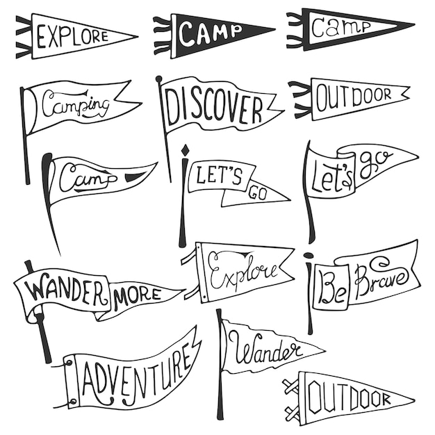 Vector set van avontuur, buitenshuis, camping wimpels. retro monochrome labels.