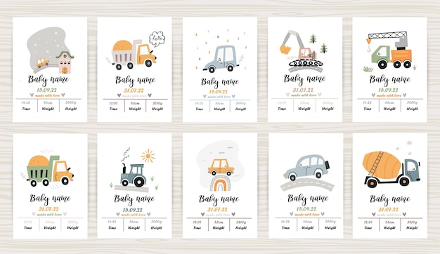 Vector set van baby shower uitnodiging sjablonen met auto's datum van geboorte lengte gewicht