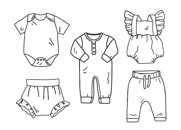 Set van babykleertjes Onesie luier cover romper Romper broek voor zuigelingen Line art vectorillustratie