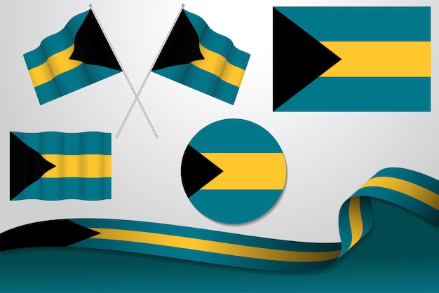 Set van bahama's vlaggen in verschillende ontwerpen pictogram flaying vlaggen met lint met achtergrond