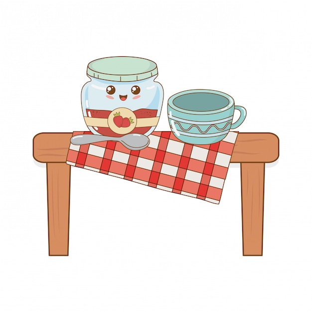 Set van bakkerij eten kawaii in picknicktafel