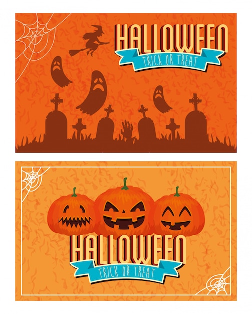 Set van banner happy halloween met decoratie