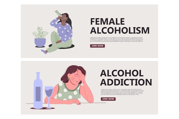 Set van banners concept van vrouwelijke alcoholisme alcoholverslaving Afro-Amerikaanse vrouw