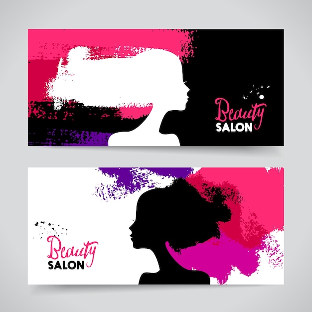 Set van banners met acryl mooi meisje silhouetten vectorillustratie van schilderij vrouw schoonheidssalon designx9