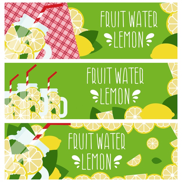 Vector set van banners met helder fruit water in mason jar met citroenen