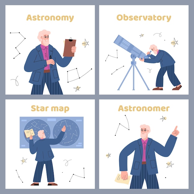 Set van banners op astronomie wetenschap en ruimtestudie platte vectorillustratie