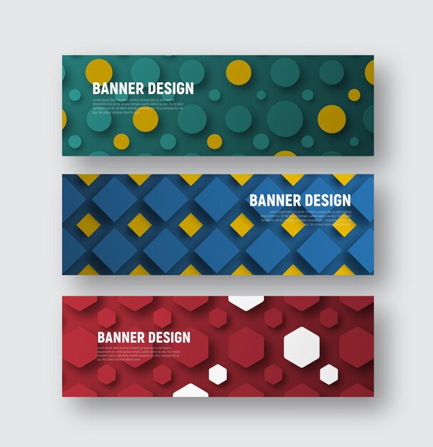 Set van banners voor een website met verschillende geometrische vormen op een achtergrond.