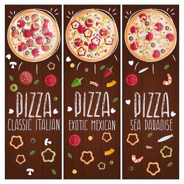 Set van banners voor thema-pizza met verschillende smaken