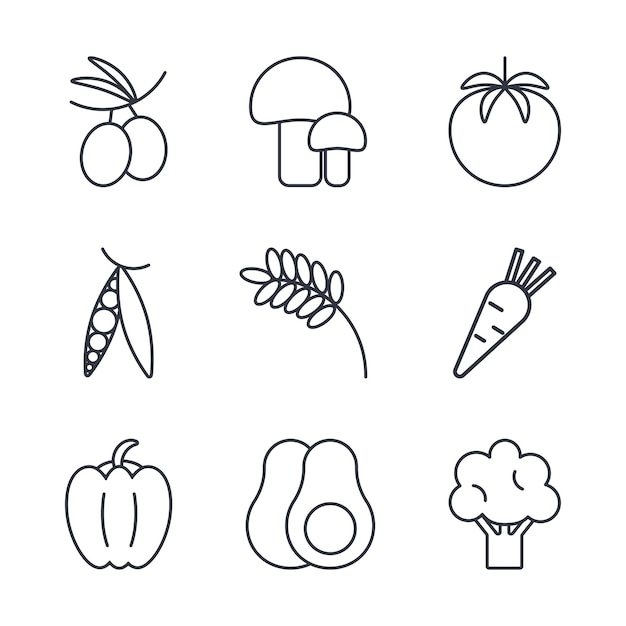 Set van basisgroenten iconen geïsoleerd Zwarte lijn lijn iconen Gezond biologisch voedsel