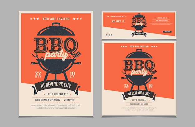 Set van BBQ-uitnodigingsbanner barbecue uitnodiging flyer en facebook cover vector illustratie eps