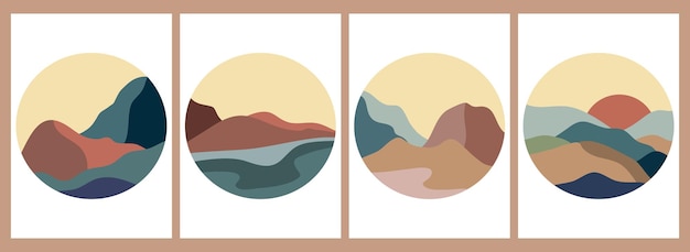Set van bergen landschap illustratie Ronde icoon creatieve minimalistische hand geschilderde illustraties