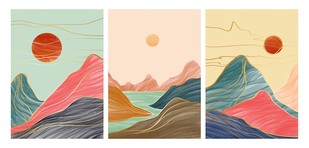 Set van berglandschap met lijn kunst berg zonsondergang en rivier abstracte berg hedendaagse esthetische achtergronden landschappen vector illustraties