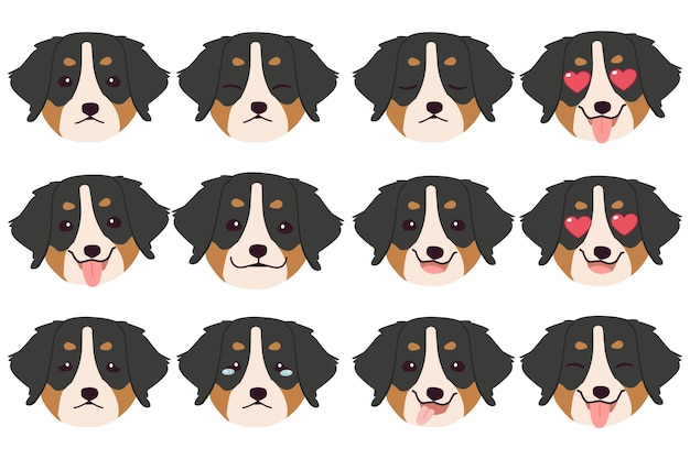 Vector set van berner sennenhond emoties grappig lachend en boos verdrietig en verrukkelijk hond gezicht van hond