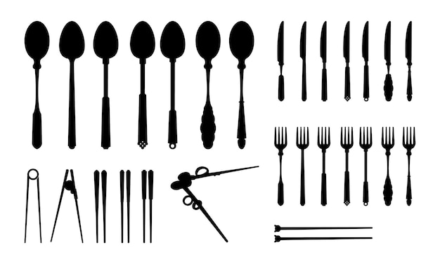 Vector set van bestek pictogram silhouet, lepel vork mes en eetstokjes silhouet vectorillustratie