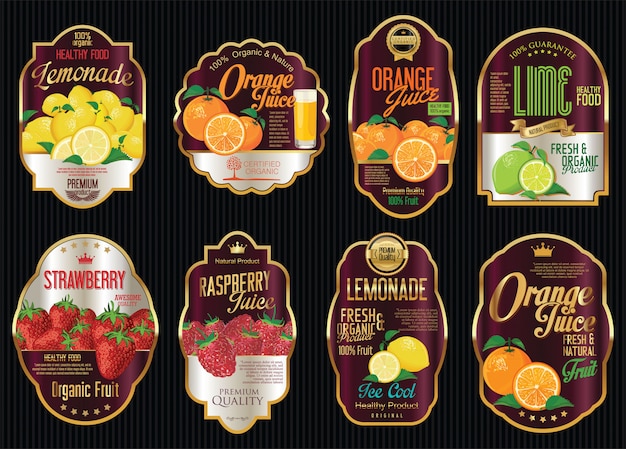 Set van biologische fruit retro vintage gouden labels-collectie