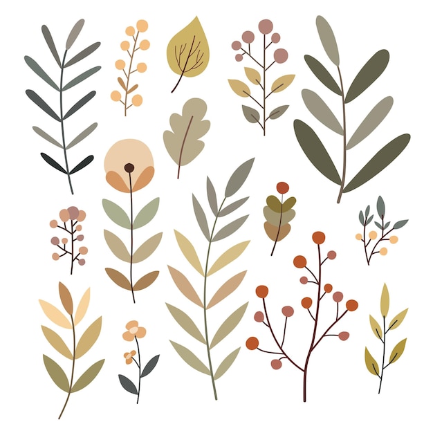 Set van bladbessen en bloemen Leuke illustratie vector bruine kleur eenvoudig