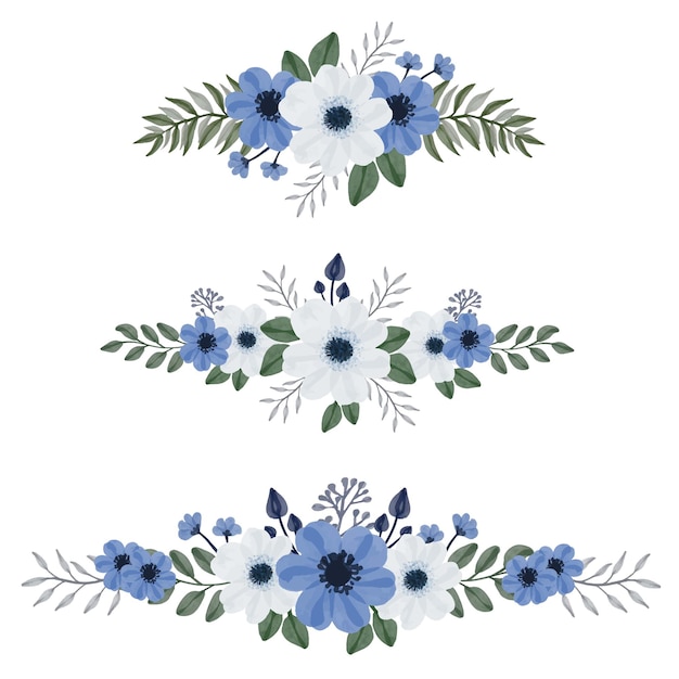 Set van blauw en wit aquarelboeket bloemen