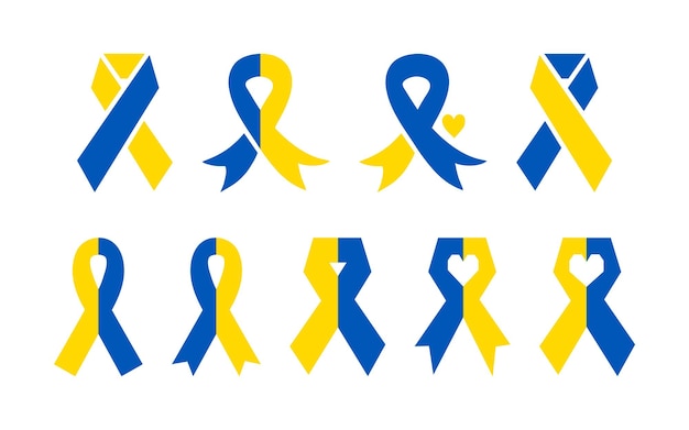 Vector set van blauw geel lint iconen world down syndrome day awareness linten oekraïense kleuren