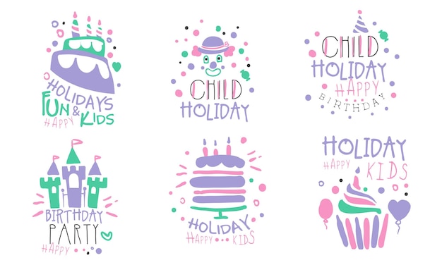 Set van blauw met roze letters en afbeeldingen voor een vakantie vector illustratie voor kinderen op een witte