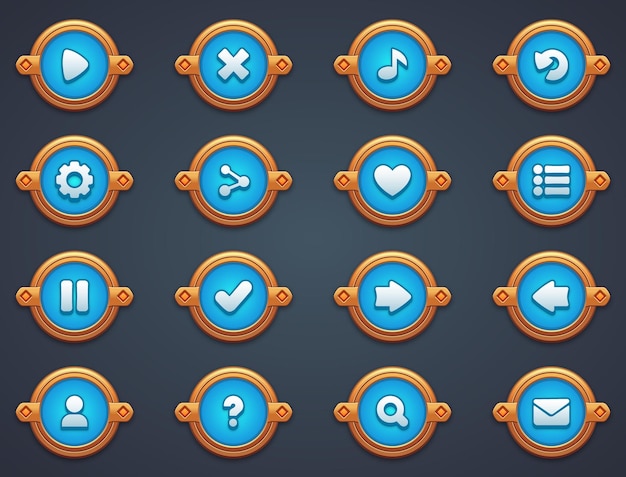 Set van blauwe knoppen voor mobiele games game blauwe interface cartoon ui knoppen set ui elementen