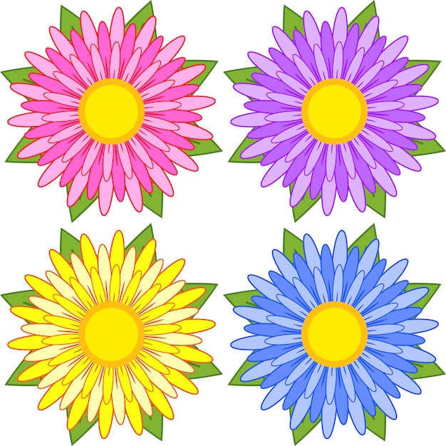 Vector set van blauwe, rode, gele, paars gestreepte bloemen.