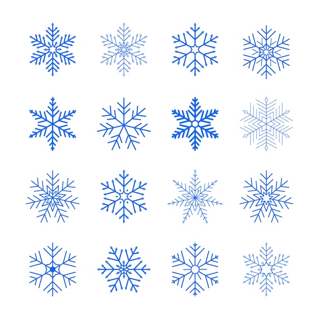 Set van blauwe sneeuwvlokken. Platte sneeuw pictogrammen. Nieuwjaar sieraad.