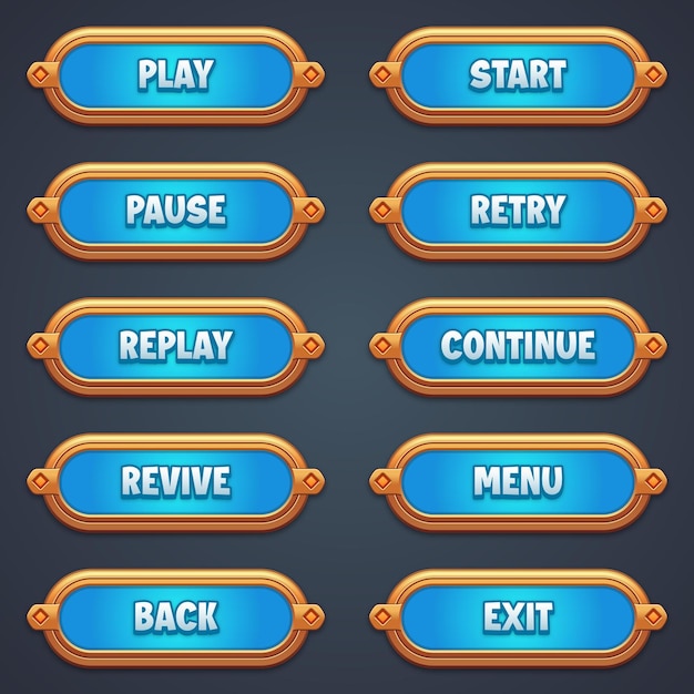 Set van blauwe spelknoppen voor mobiele games met bewerkbare tekst-effect gui om 2d-games te bouwen