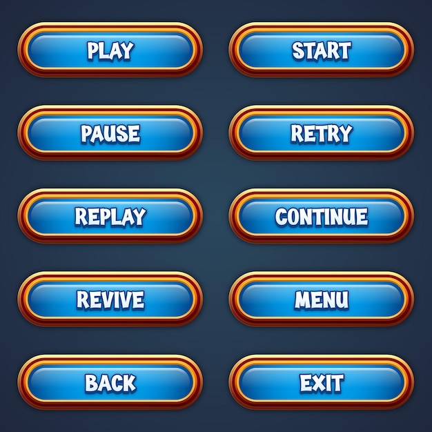 Set van blauwe spelknoppen voor mobiele games met bewerkbare tekst-effect gui om 2d-games te bouwen
