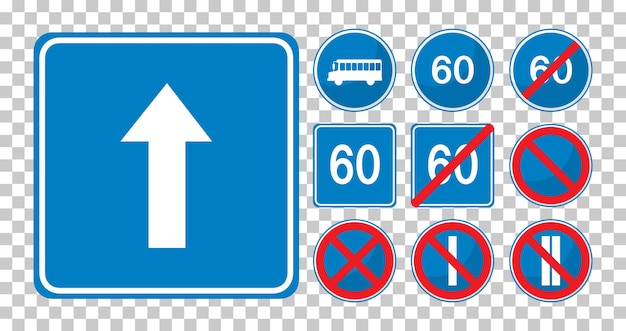 Set van blauwe verkeersborden geïsoleerd op transparante achtergrond