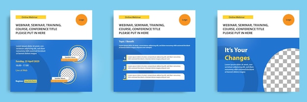 Set van blauwe webinar, seminar, training, cursus moderne vierkante banner en flayer lay-outsjabloon